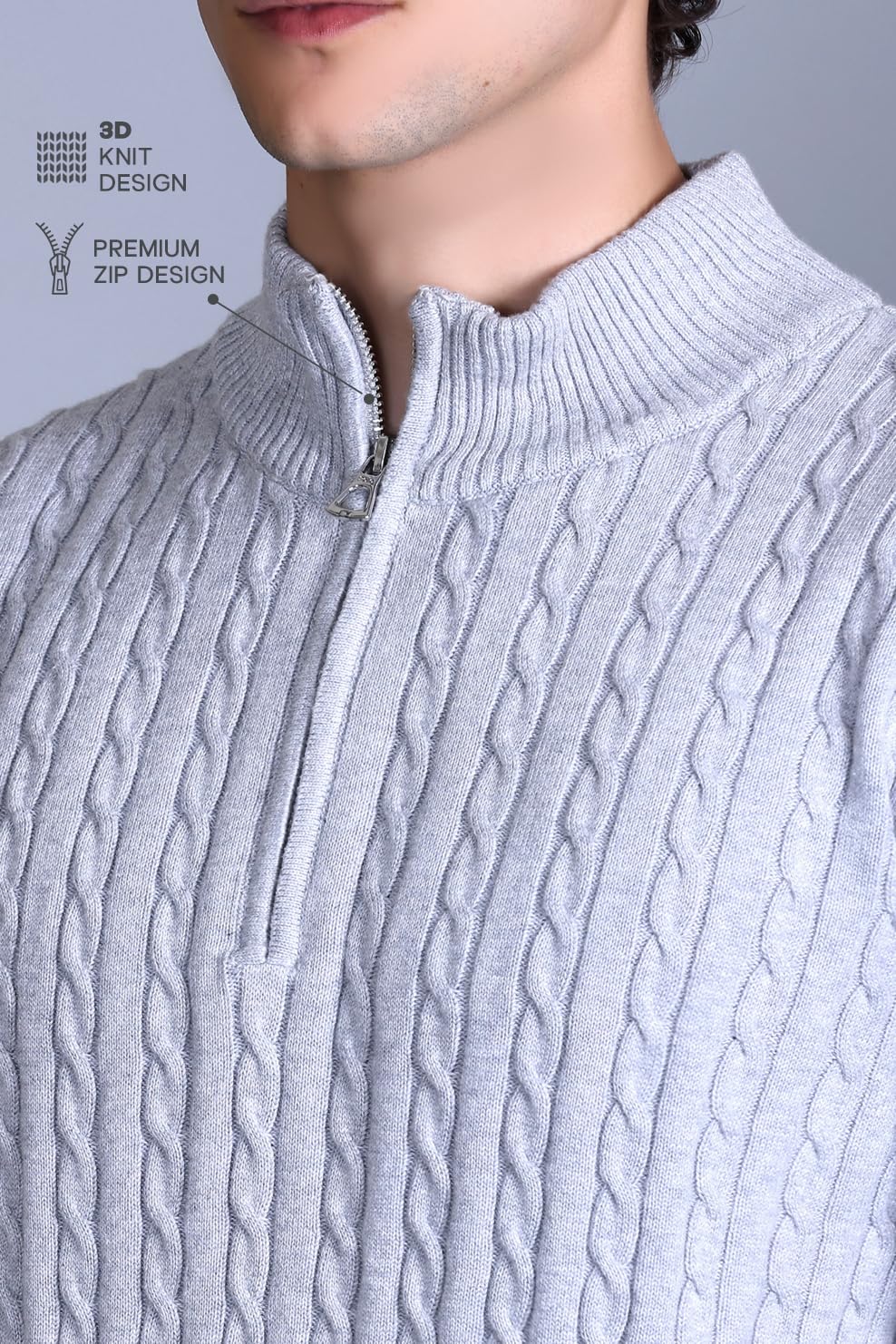 DZANT Wool Blend Mens Sweater for Winter | Premium | Zipper | Cable Knit Design | Full Sleeve | Grey Color | Zip Sweater for Men Korean, Small - Image 6