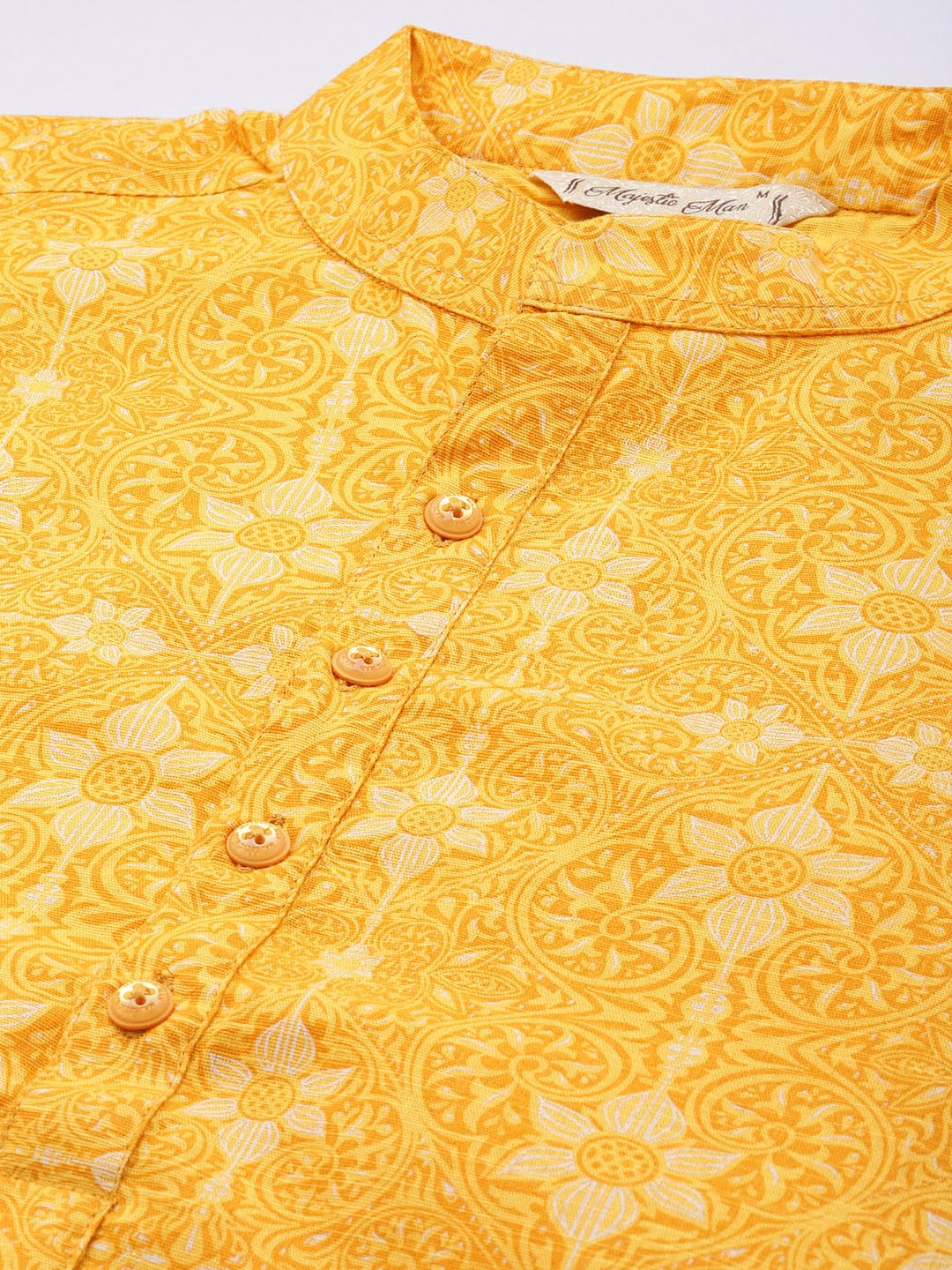 Majestic Man Cotton Mandarin Collar Ethnic Motifs Printed Long Regular Fit Kurta For Men (Small, Haldi, Yellow) - Image 4