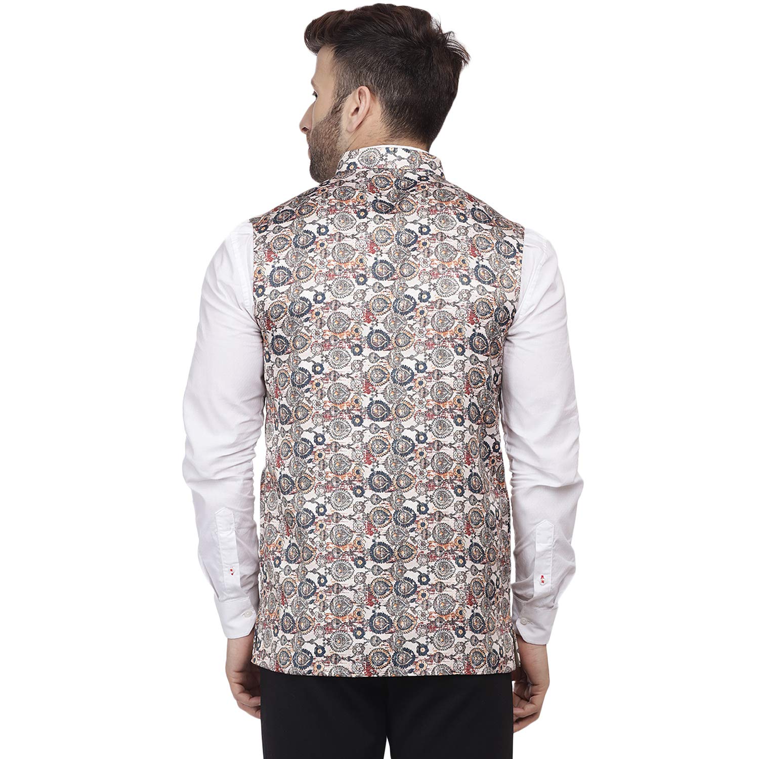 Veera Paridhaan Men's Multi Print Pure Cotton knitted Beige Nehru Jacket (Size: 46) - Image 4