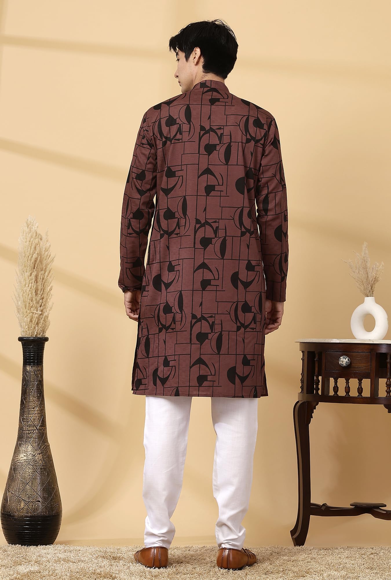 Majestic Man Men Cotton Regular Fit Mandarin Collar Ethnic Motifs Printed Kurta (Dusty Wine, X-Large) - Image 5