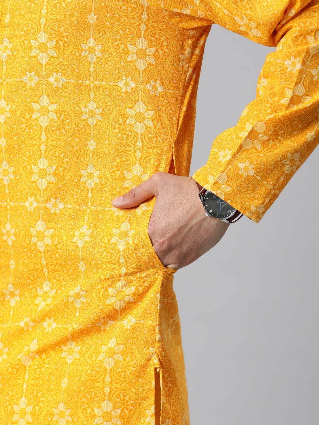 Majestic Man Cotton Mandarin Collar Ethnic Motifs Printed Long Regular Fit Kurta For Men (Small, Haldi, Yellow) - Image 2