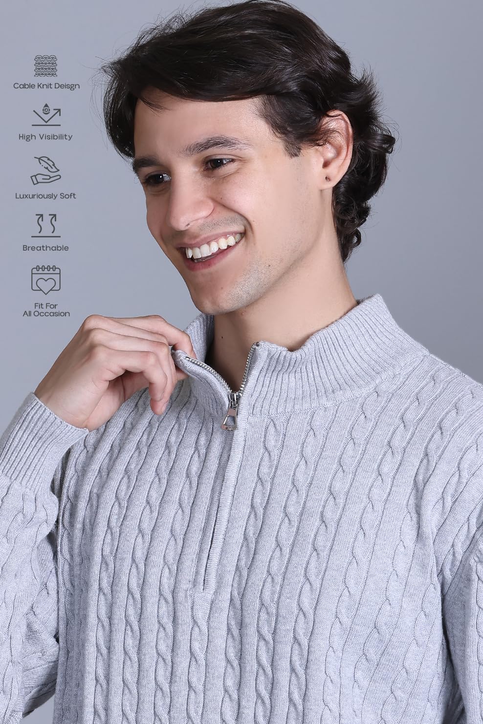 DZANT Wool Blend Mens Sweater for Winter | Premium | Zipper | Cable Knit Design | Full Sleeve | Grey Color | Zip Sweater for Men Korean, Small - Image 5