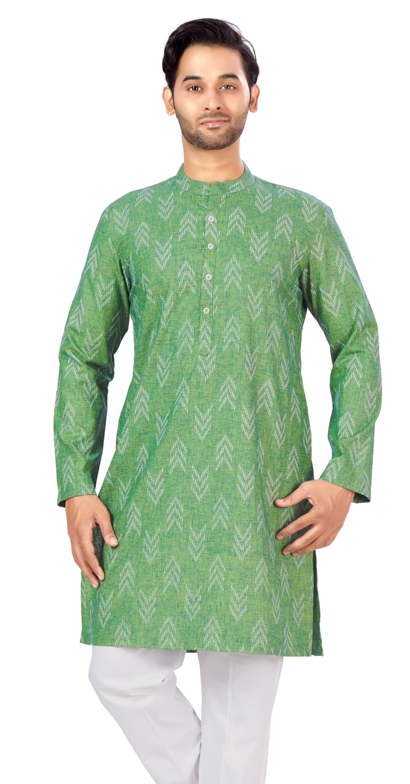 Studio Shringaar Men's Cotton Blend Relaxed Fit Ikat Printed Knee Length Kurta(M119, Green_Large)