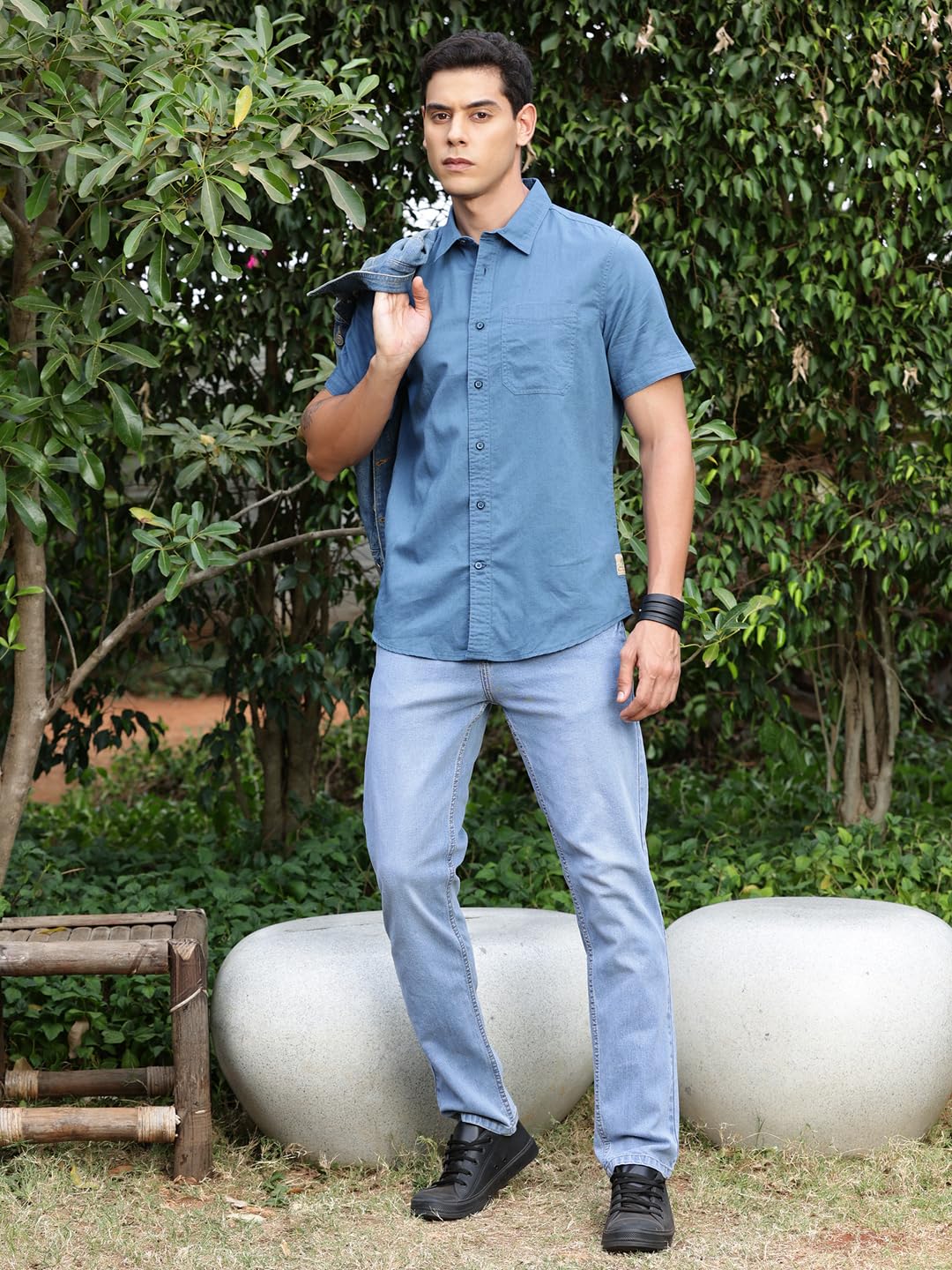 Thomas Scott Men's Half Sleeves Spread Collar Linen Casual Shirt (Dark Blue, XL) - Image 3