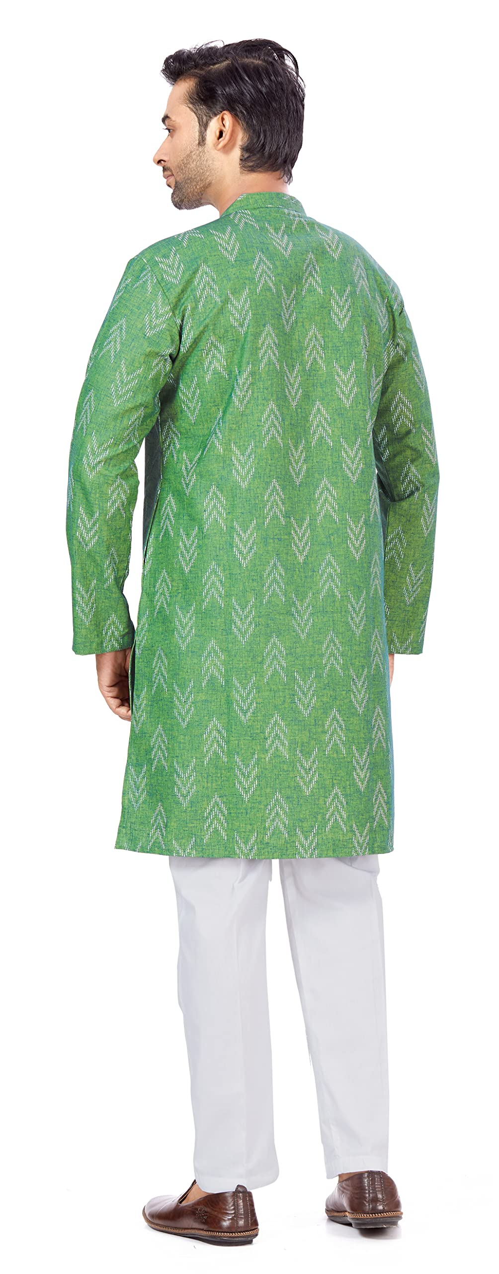 Studio Shringaar Men's Cotton Blend Relaxed Fit Ikat Printed Knee Length Kurta(M119, Green_Large) - Image 6