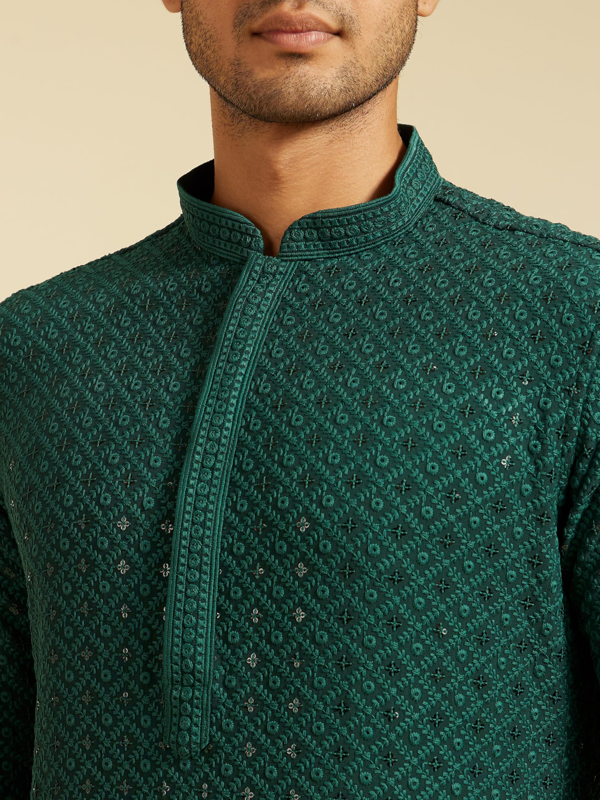 DIWAS BY MANYAVAR Men's Viscose Embroidery|Sequin Work Kurta (Dark Green,L) - Image 5