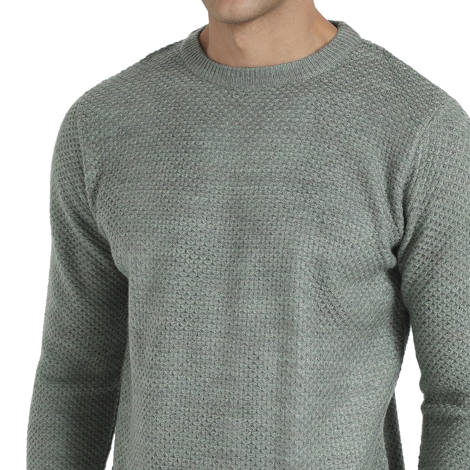 Campus Sutra Men's Sage Green Textured Knit Pullover Sweater for Casual Wear | Crew Neck | Long Sleeve | Pull On Closure | Cotton Sweater Crafted with Comfort Fit for Regular Wear - Image 2