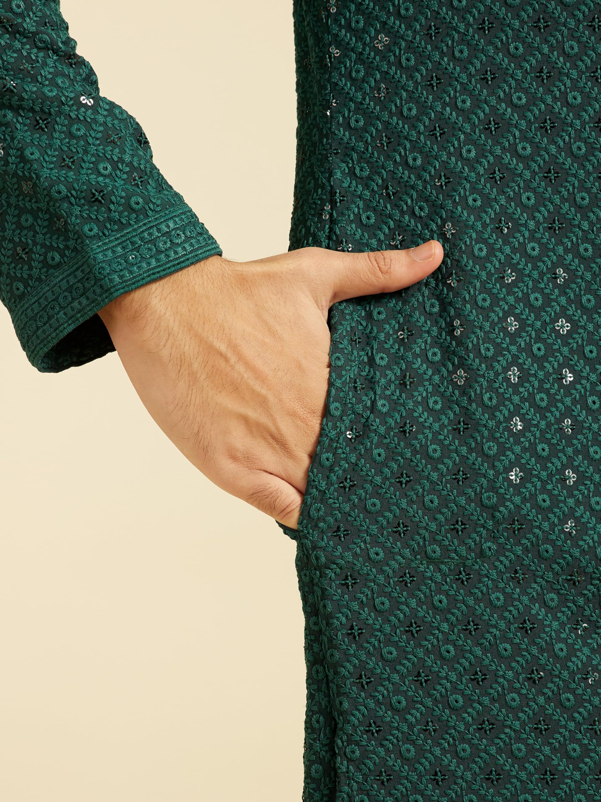 DIWAS BY MANYAVAR Men's Viscose Embroidery|Sequin Work Kurta (Dark Green,L) - Image 4