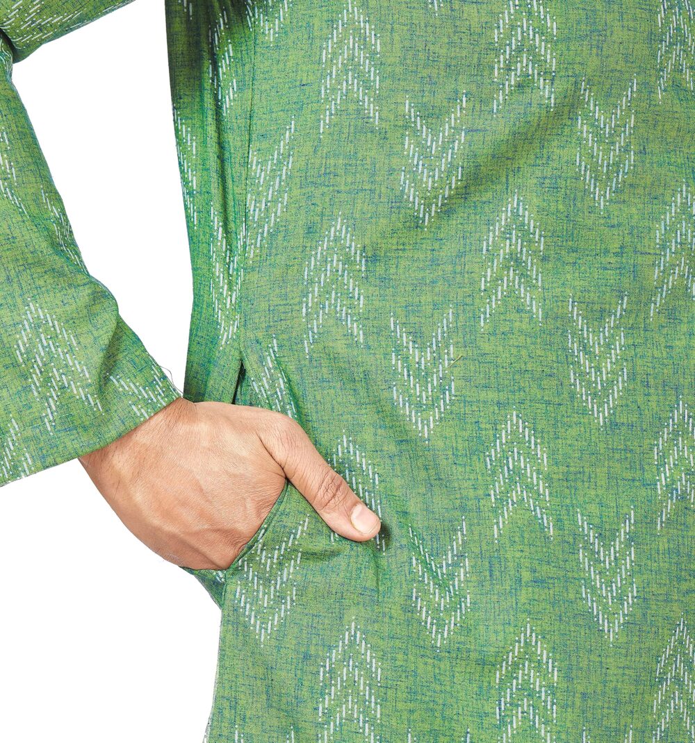 Studio Shringaar Men's Cotton Blend Relaxed Fit Ikat Printed Knee Length Kurta(M119, Green_Large) - Image 5