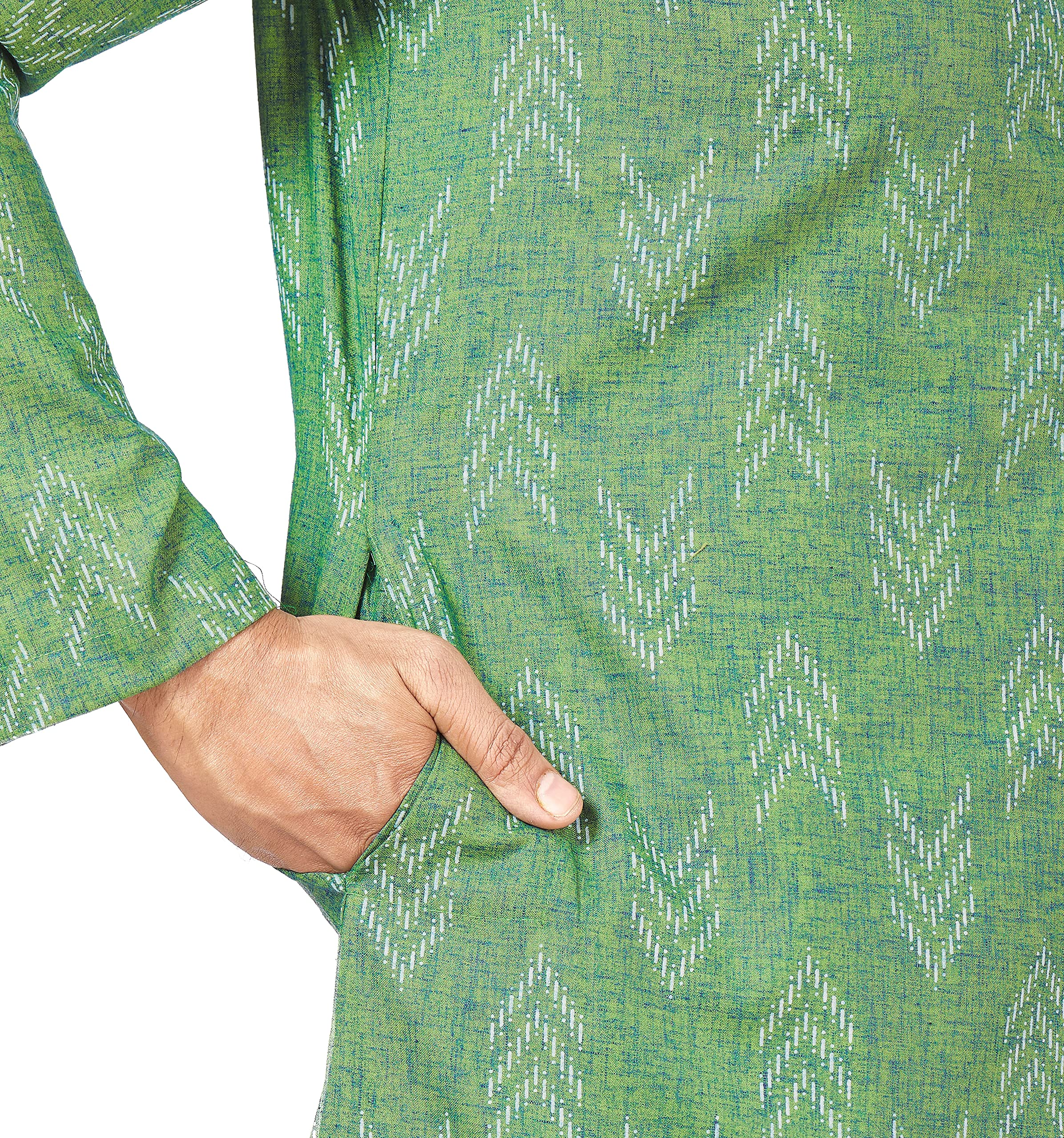 Studio Shringaar Men's Cotton Blend Relaxed Fit Ikat Printed Knee Length Kurta(M119, Green_Large) - Image 5