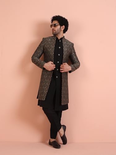 KISAH Men Black Jacquard Inner Jacket Indowestern Sherwani Trouser Set, 42 - Image 10