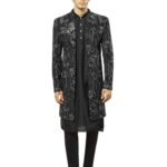 VASTRAMAY Men's Black Viscose Indo Western, Kurta, Pant Set, Allover Embroidered Sherwani,Kurta And Pyjama Set For Men's, Traditional Indian Wear for Weddings & Festivals