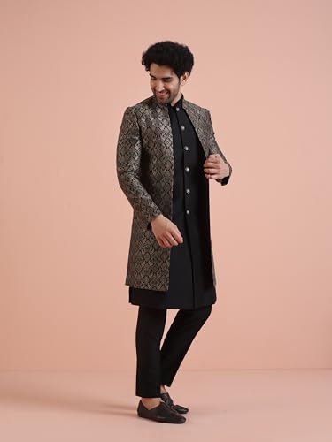 KISAH Men Black Jacquard Inner Jacket Indowestern Sherwani Trouser Set, 42 - Image 8