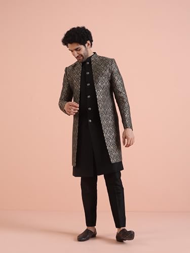 KISAH Men Black Jacquard Inner Jacket Indowestern Sherwani Trouser Set, 42 - Image 9