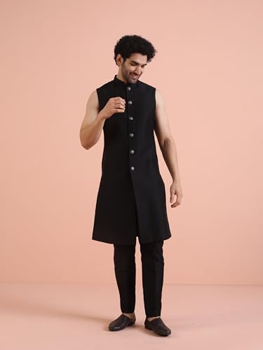 KISAH Men Black Jacquard Inner Jacket Indowestern Sherwani Trouser Set, 42 - Image 6