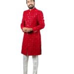 RED INDO WESTERN SHERWANI & WHITE STRAIGHT CUT PANT (Small)