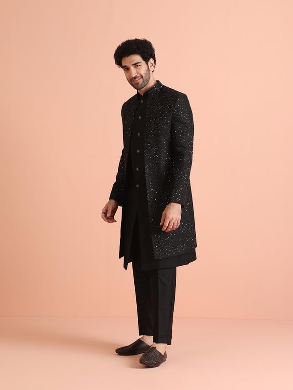 KISAH Mens Jacket Sherwani Trouser Set|Blended Fabric Embellished Pattern Indo-Western Set for Men|Regular Fit Mandarin Collar Long Sleeves, Black, 42 - Image 4
