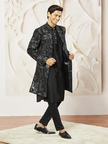 VASTRAMAY Men's Black Viscose Indo Western, Kurta, Pant Set, Allover Embroidered Sherwani,Kurta And Pyjama Set For Men's, Traditional Indian Wear for Weddings & Festivals - Image 4