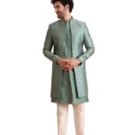 KISAH Mens Jacket Sherwani Trouser Set|Silk Blend Fabric Jacquard Pattern Indo-Western Mens Ethnic Wear|Regular Fit Mandarin Collar Long Sleeves, Green, 40