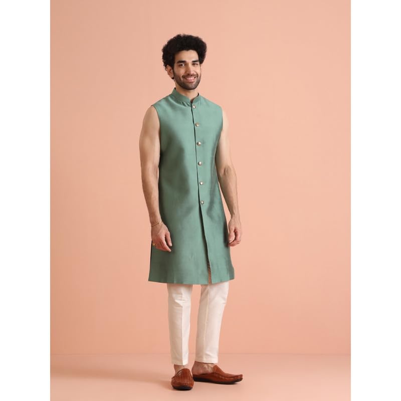 KISAH Mens Jacket Sherwani Trouser Set|Silk Blend Fabric Jacquard Pattern Indo-Western Mens Ethnic Wear|Regular Fit Mandarin Collar Long Sleeves, Green, 40 - Image 3