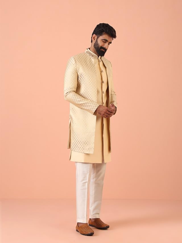 KISAH Men Cream Jacquard Jacket Indowestern Sherwani Trouser Set with Ethnic Motifs, 38 - Image 7