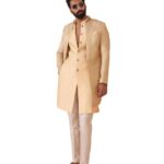 KISAH Men Cream Jacquard Jacket Indowestern Sherwani Trouser Set with Ethnic Motifs, 38