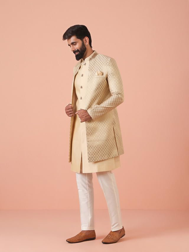 KISAH Men Cream Jacquard Jacket Indowestern Sherwani Trouser Set with Ethnic Motifs, 38 - Image 8