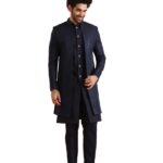 KISAH Mens Indo-Western Sherwani Trouser Set|Silk Blend Fabric Sherwani Set with Trousers Self Design Pattern Mens Ethnic Wear|Regular Fit Mandarin Collar Long Sleeves, Navy Blue, 40