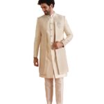 KISAH Mens Jacket Sherwani Trouser Set|Silk Blend Fabric Jacquard Pattern Indo-Western Ethnic Set for Men|Regular Fit Mandarin Collar Long Sleeves, Off White, 38