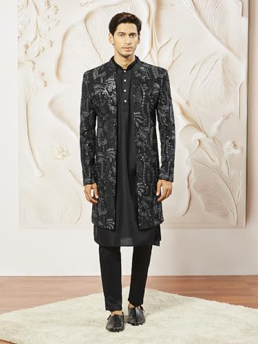 VASTRAMAY Men's Black Viscose Indo Western, Kurta, Pant Set, Allover Embroidered Sherwani,Kurta And Pyjama Set For Men's, Traditional Indian Wear for Weddings & Festivals - Image 6