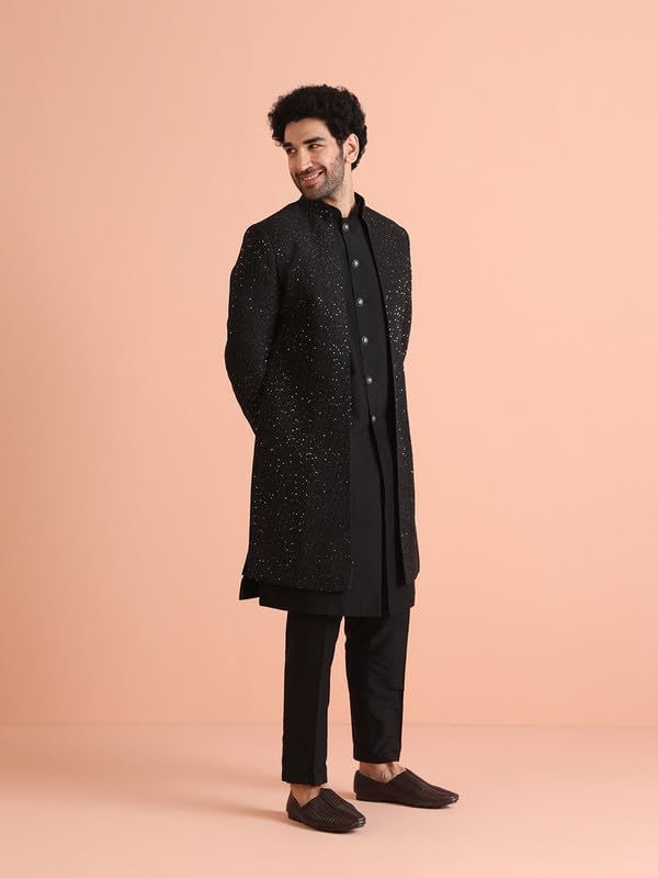 KISAH Mens Jacket Sherwani Trouser Set|Blended Fabric Embellished Pattern Indo-Western Set for Men|Regular Fit Mandarin Collar Long Sleeves, Black, 42 - Image 5