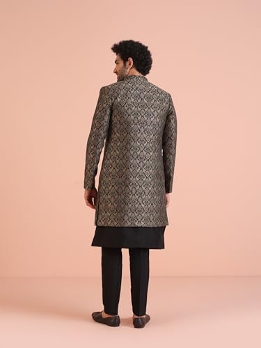 KISAH Men Black Jacquard Inner Jacket Indowestern Sherwani Trouser Set, 42 - Image 7