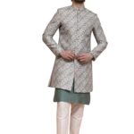 KISAH Men Off White Jacquard Kurta Sherwani Trouser Set, 38