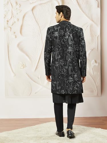 VASTRAMAY Men's Black Viscose Indo Western, Kurta, Pant Set, Allover Embroidered Sherwani,Kurta And Pyjama Set For Men's, Traditional Indian Wear for Weddings & Festivals - Image 3