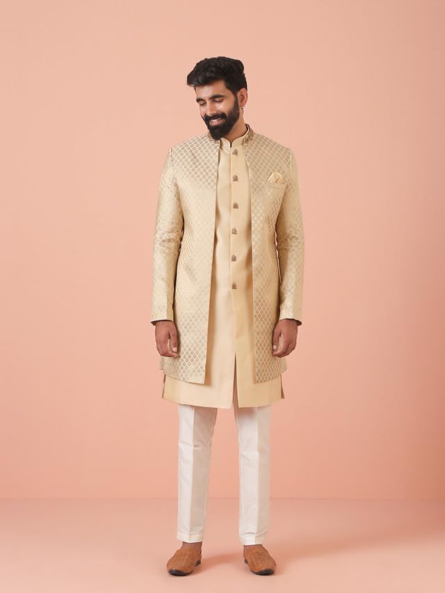 KISAH Men Cream Jacquard Jacket Indowestern Sherwani Trouser Set with Ethnic Motifs, 38 - Image 3