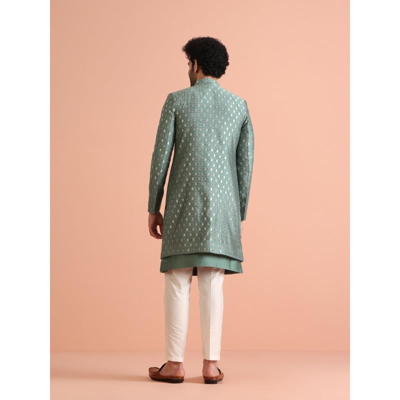 KISAH Mens Jacket Sherwani Trouser Set|Silk Blend Fabric Jacquard Pattern Indo-Western Mens Ethnic Wear|Regular Fit Mandarin Collar Long Sleeves, Green, 40 - Image 5