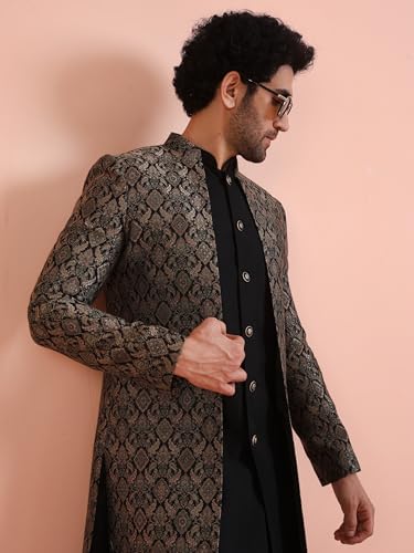 KISAH Men Black Jacquard Inner Jacket Indowestern Sherwani Trouser Set, 42 - Image 3