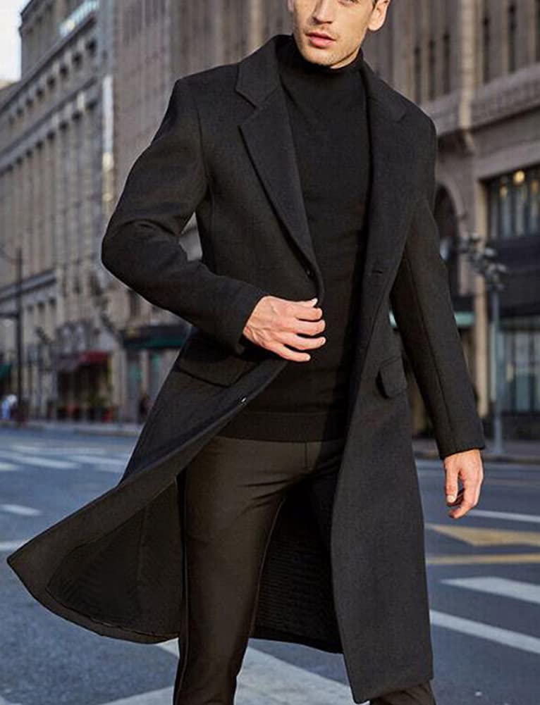chouyatou Men's Fall Winter Office Single Breasted Long Dress Wool Coat Overcoat, Black, X-Large - Image 4
