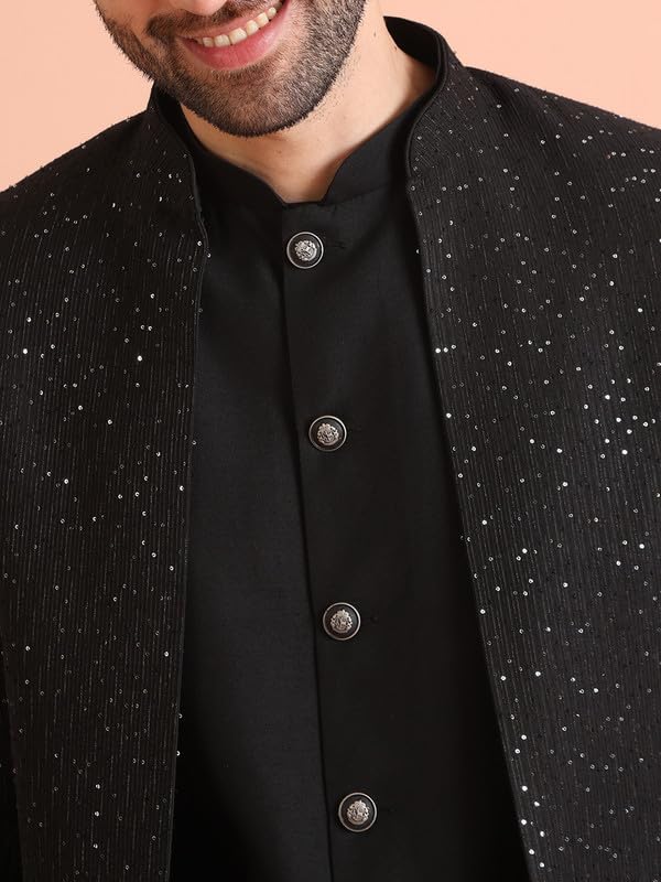 KISAH Mens Jacket Sherwani Trouser Set|Blended Fabric Embellished Pattern Indo-Western Set for Men|Regular Fit Mandarin Collar Long Sleeves, Black, 42 - Image 3