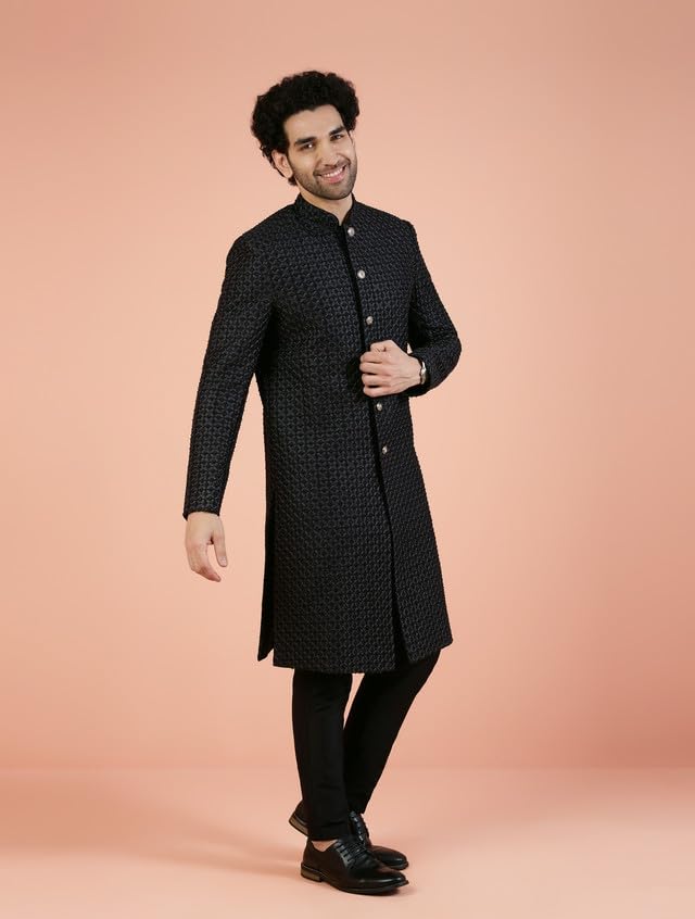 KISAH Men Black Cut-Dana Indowestern Sherwani Sherwani Trouser Set with Beads and stones, 42 - Image 8