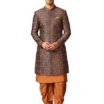 KISAH Men's Kurta Indo-Western Sherwani Dhoti Set, Maroon Jacquard, Woven Regular Fit Mandarin Collar Long Sleeves (42)