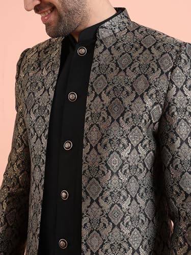 KISAH Men Black Jacquard Inner Jacket Indowestern Sherwani Trouser Set, 42 - Image 5