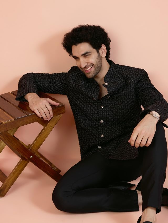 KISAH Men Black Cut-Dana Indowestern Sherwani Sherwani Trouser Set with Beads and stones, 42 - Image 3