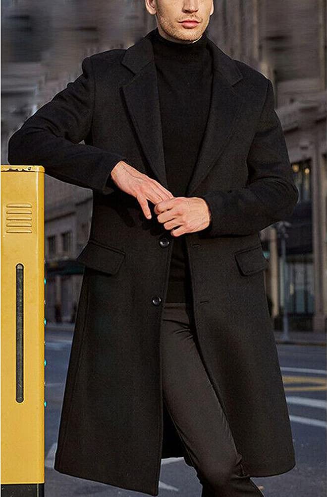 chouyatou Men's Fall Winter Office Single Breasted Long Dress Wool Coat Overcoat, Black, X-Large - Image 3