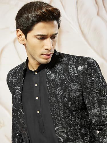 VASTRAMAY Men's Black Viscose Indo Western, Kurta, Pant Set, Allover Embroidered Sherwani,Kurta And Pyjama Set For Men's, Traditional Indian Wear for Weddings & Festivals - Image 5