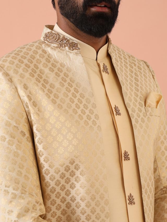 KISAH Men Cream Jacquard Jacket Indowestern Sherwani Trouser Set with Ethnic Motifs, 38 - Image 5