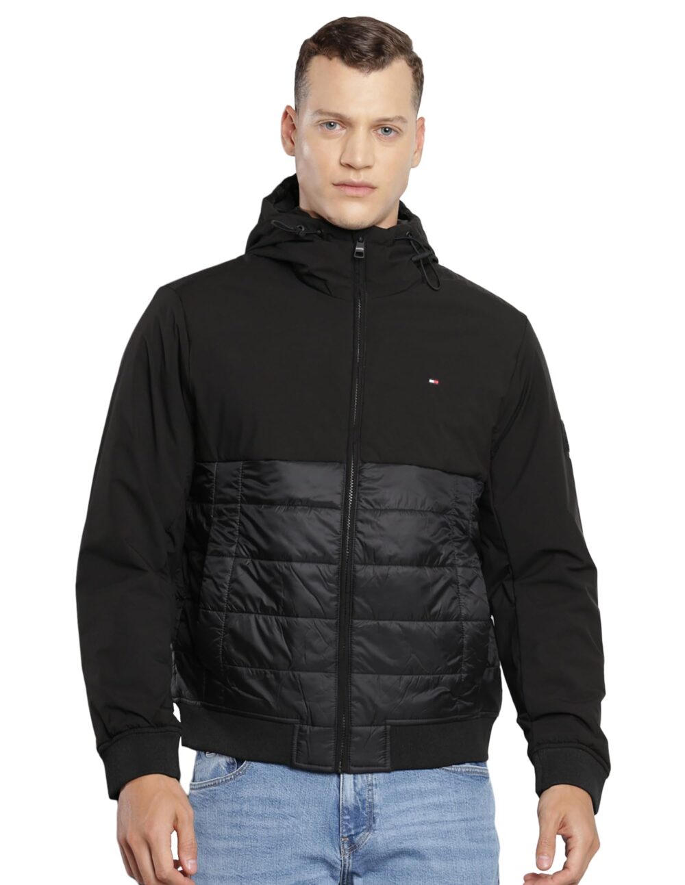Tommy Hilfiger Black Nylon Quilted Hooded Full Sleeves Regular Fit Men Jacket (F23HMOT035) Size-L