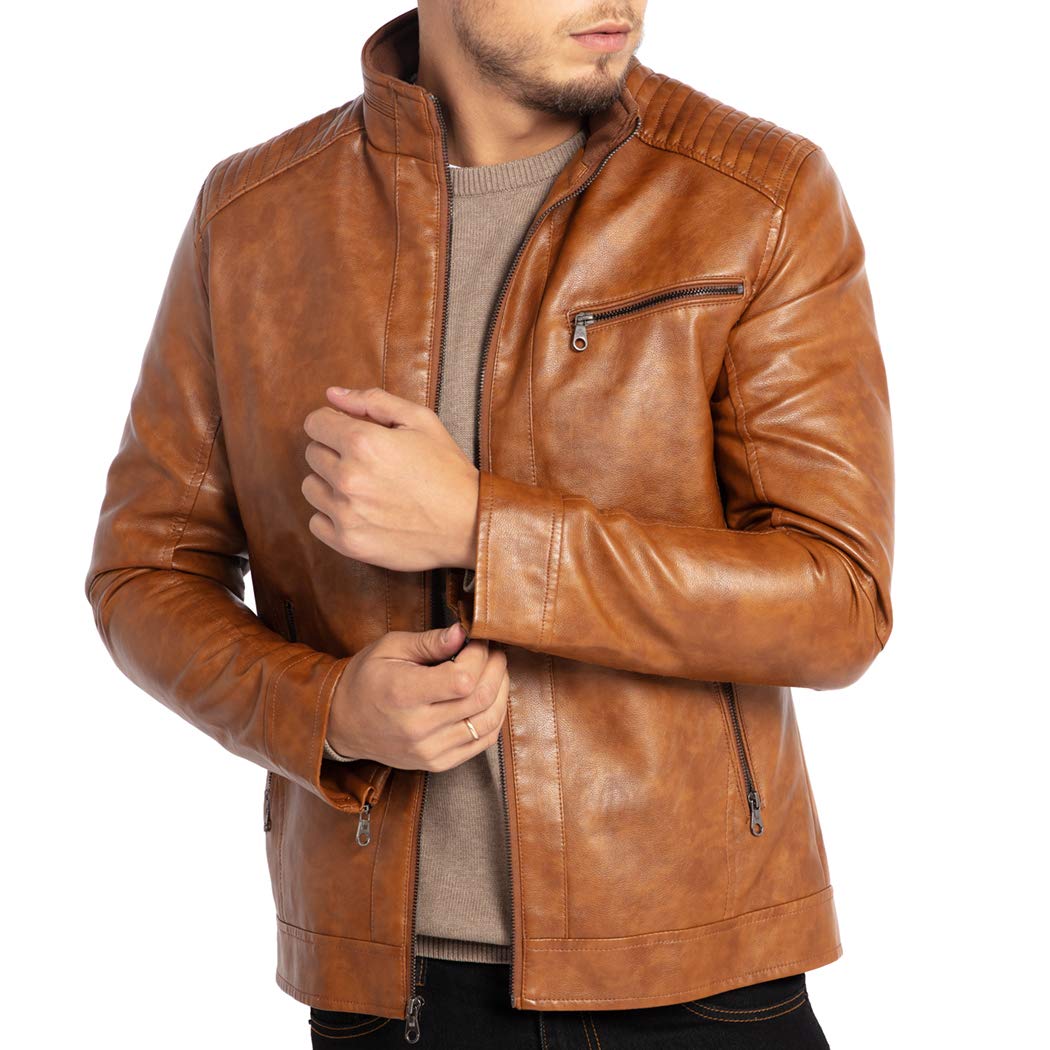 WULFUL Men's Stand Collar Leather Jacket Motorcycle Lightweight Faux Leather Outwear, Brown1301, Large - Image 5