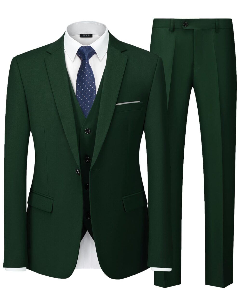MY'S Men's 3 Piece Slim Fit Suit, One Button Blazer Vest Pants Set, Solid Party Wedding Dress, Jacket Waistcoat and Trousers with Tie Deep Green