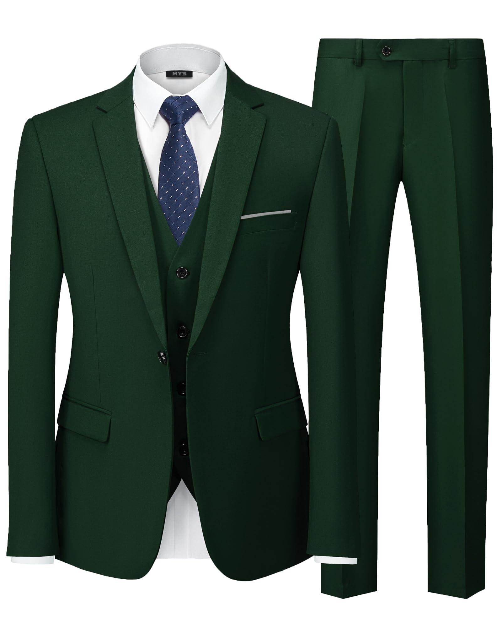 MY'S Men's 3 Piece Slim Fit Suit, One Button Blazer Vest Pants Set, Solid Party Wedding Dress, Jacket Waistcoat and Trousers with Tie Deep Green